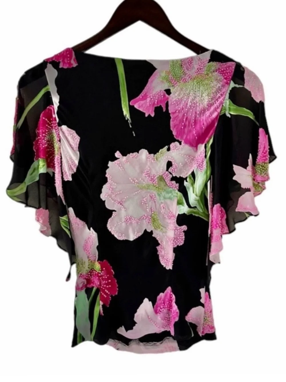 Carmen Marc Valvo Black Floral Print Draped Neck Short Sleeve Silk Top Size 4 - Picture 4 of 8